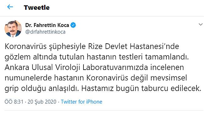 Bakan açıkladı: Koronovirüs değil