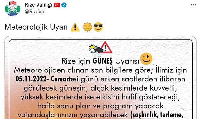 Rize Valiliği bu kez Güneş uyarısı yaptı