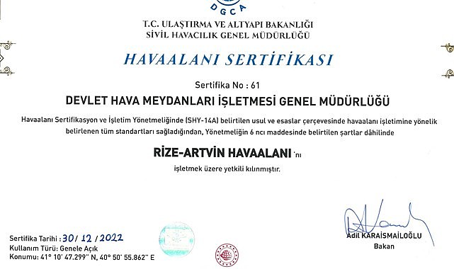 Rize-Artvin Havalimanı, Havaalanı Sertifikasını aldı